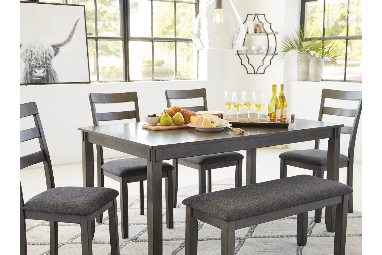 Bridson Gray Dining Table and Chairs with Bench, Set of 6 - D383-325 - Luna Furniture - Dallas Store