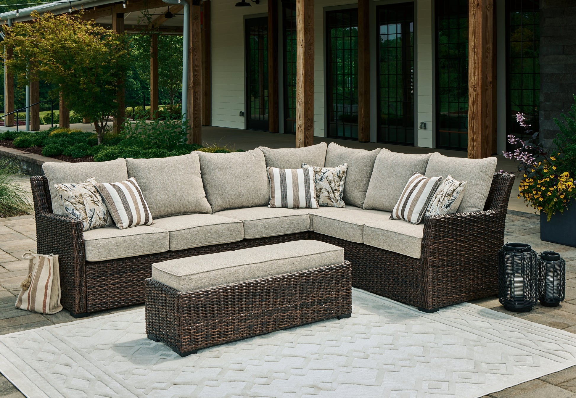 Brook Ranch Brown Outdoor Sofa Sectional/Bench with Cushion, Set of 3 - P465-822 - Luna Furniture - Dallas Store