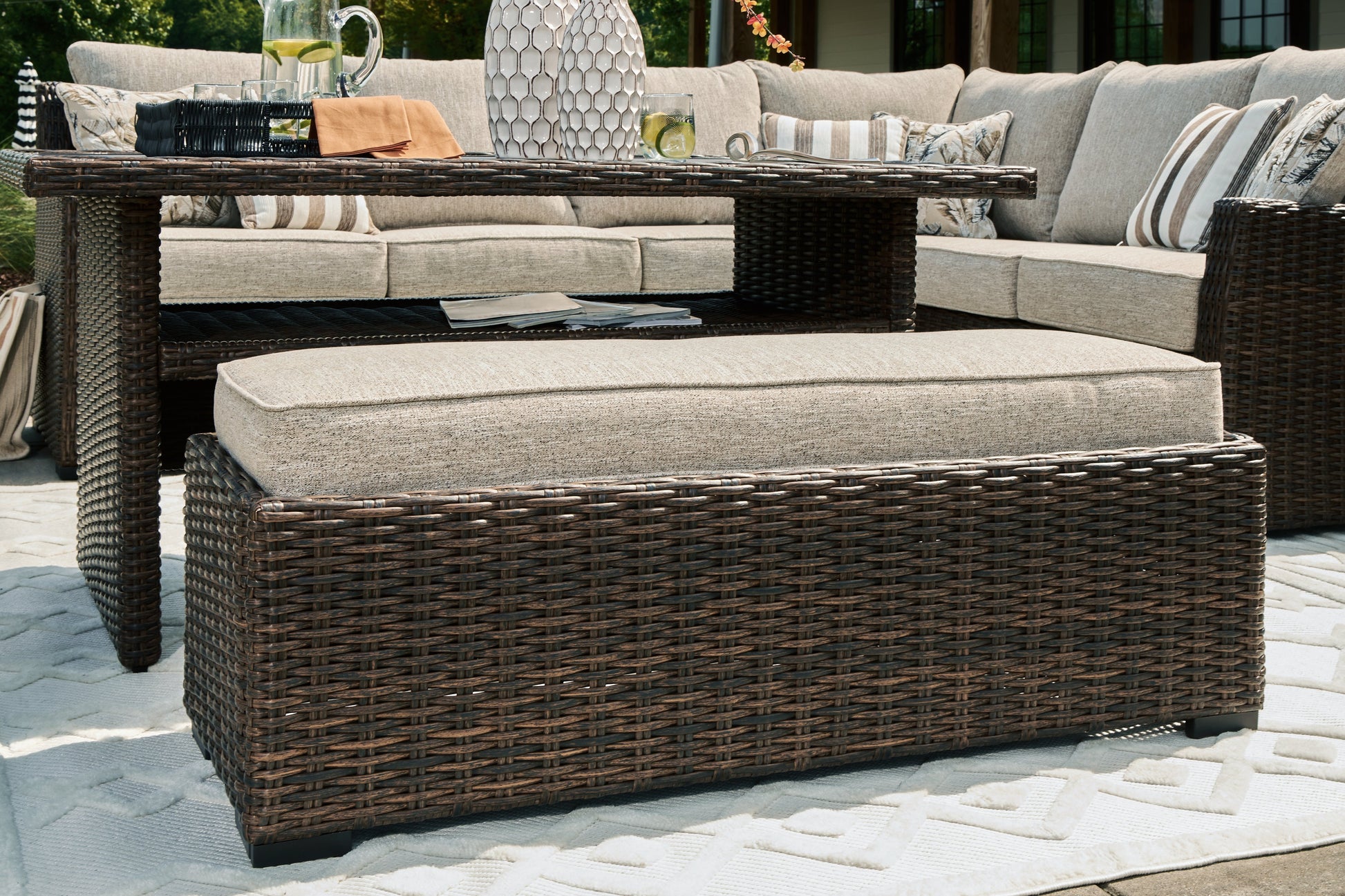 Brook Ranch Brown Outdoor Sofa Sectional/Bench with Cushion, Set of 3 - P465-822 - Luna Furniture - Dallas Store