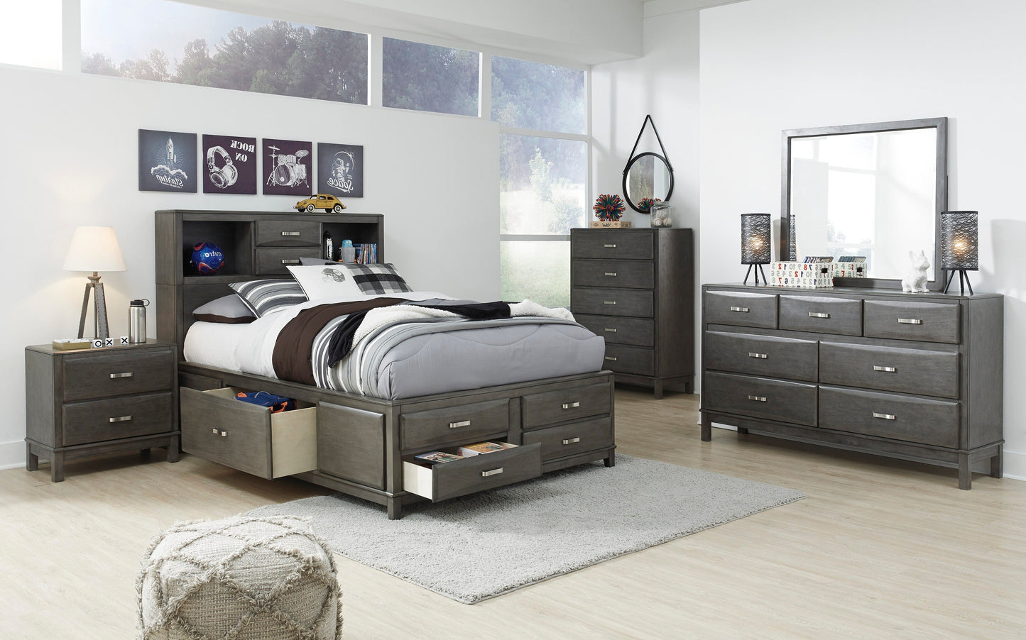 Caitbrook Gray Bookcase Storage Platform Youth Bedroom Set - SET | B476-74 | B476-77 | B476-88 | B476-31 | B476-36 | B476-92 - Luna Furniture - Dallas Store