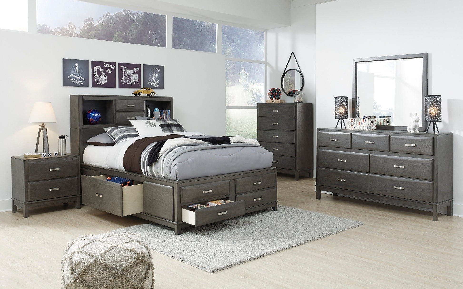 Caitbrook Gray Bookcase Storage Platform Youth Bedroom Set - SET | B476-74 | B476-77 | B476-88 | B476-31 | B476-36 | B476-92 - Luna Furniture - Dallas Store