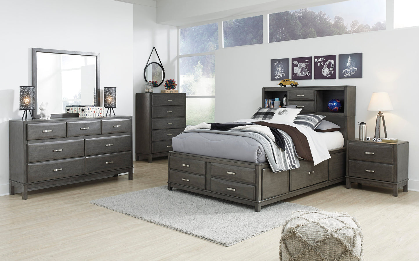 Caitbrook Gray Bookcase Storage Platform Youth Bedroom Set - SET | B476-74 | B476-77 | B476-88 | B476-31 | B476-36 | B476-92 - Luna Furniture - Dallas Store
