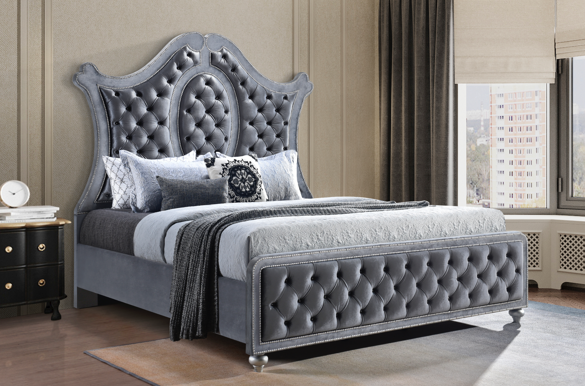 Cameo Gray King Upholstered Panel Bed - SET | B2100-K-HB | B2100-K-FB | B2100-KQ-RAIL | B2100-KQ-HBLEG - Luna Furniture - Dallas Store