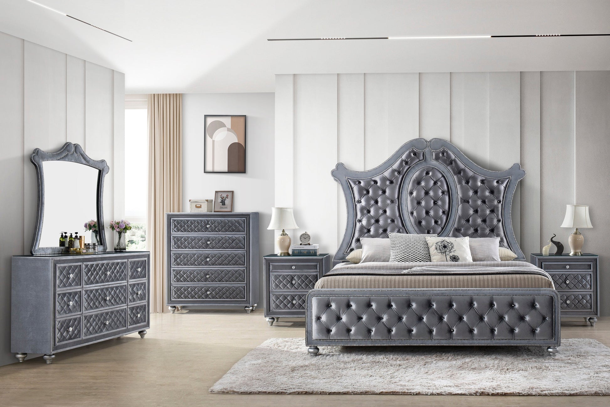 Cameo Gray King Upholstered Panel Bed - SET | B2100-K-HB | B2100-K-FB | B2100-KQ-RAIL | B2100-KQ-HBLEG - Luna Furniture - Dallas Store