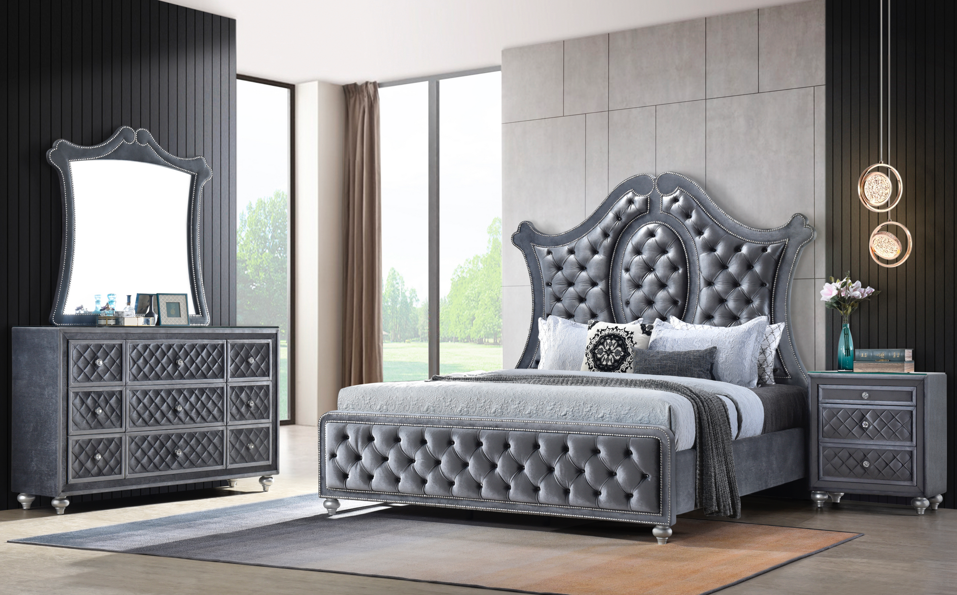 Cameo Gray King Upholstered Panel Bed - SET | B2100-K-HB | B2100-K-FB | B2100-KQ-RAIL | B2100-KQ-HBLEG - Luna Furniture - Dallas Store