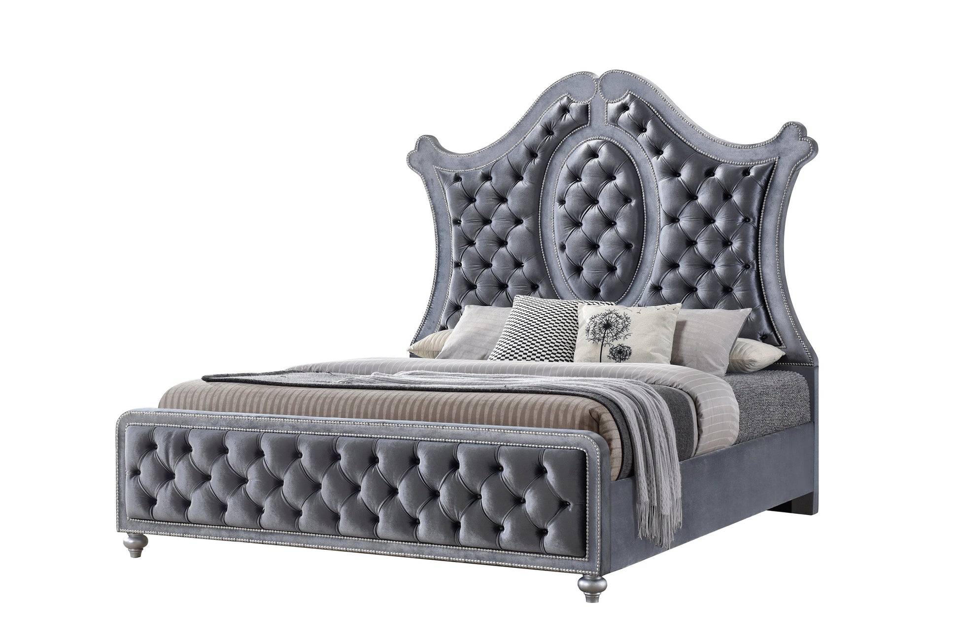 Cameo Gray Queen Upholstered Panel Bed - SET | B2100-Q-HB | B2100-Q-FB | B2100-KQ-RAIL | B2100-KQ-HBLEG - Luna Furniture - Dallas Store