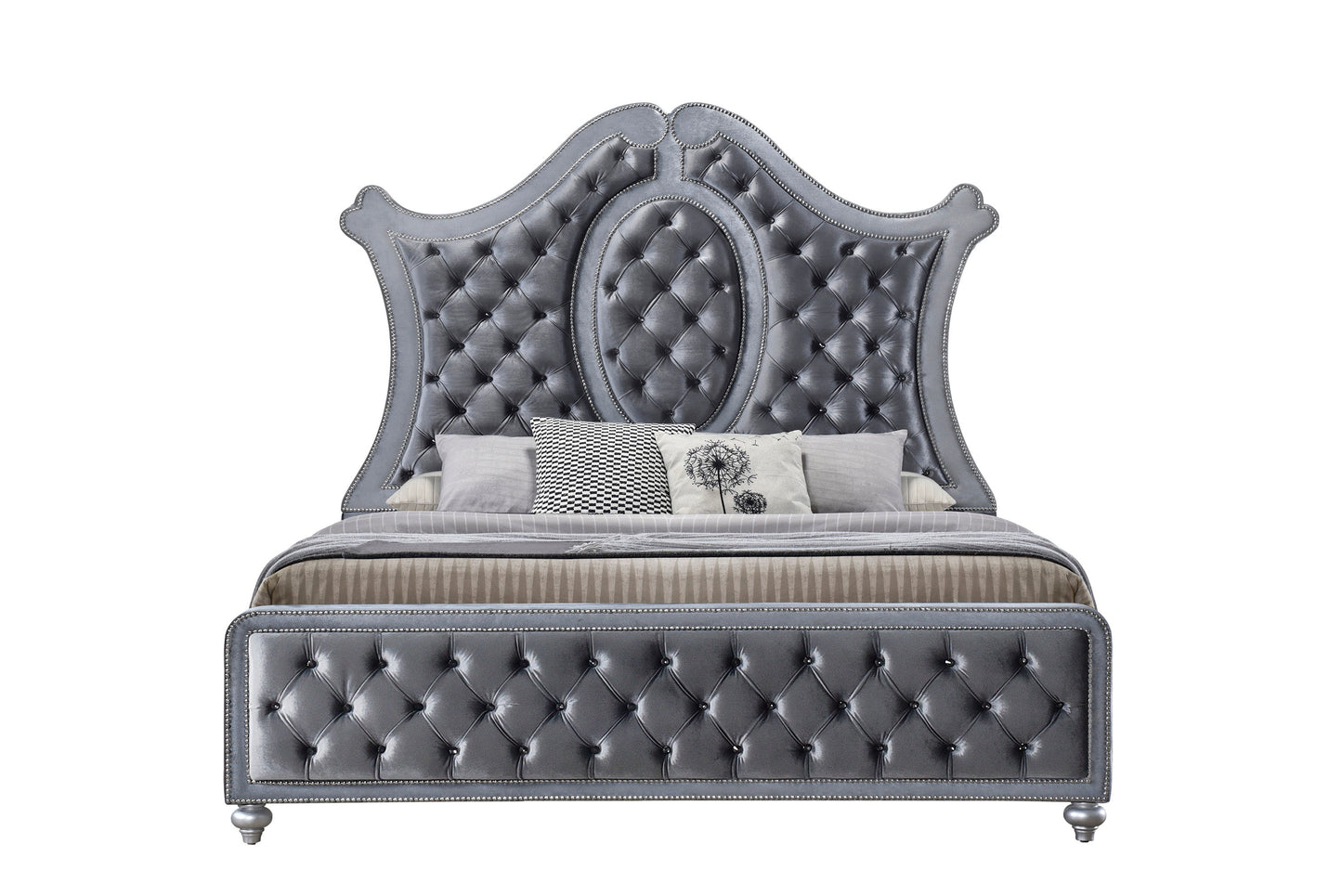 Cameo Gray Queen Upholstered Panel Bed - SET | B2100-Q-HB | B2100-Q-FB | B2100-KQ-RAIL | B2100-KQ-HBLEG - Luna Furniture - Dallas Store