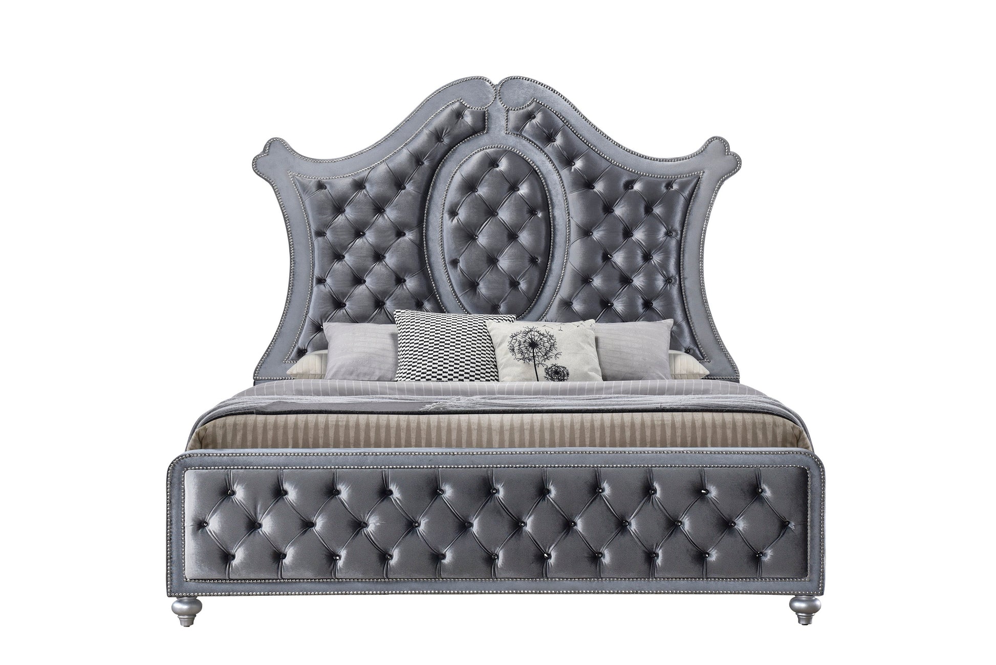Cameo Gray Queen Upholstered Panel Bed - SET | B2100-Q-HB | B2100-Q-FB | B2100-KQ-RAIL | B2100-KQ-HBLEG - Luna Furniture - Dallas Store