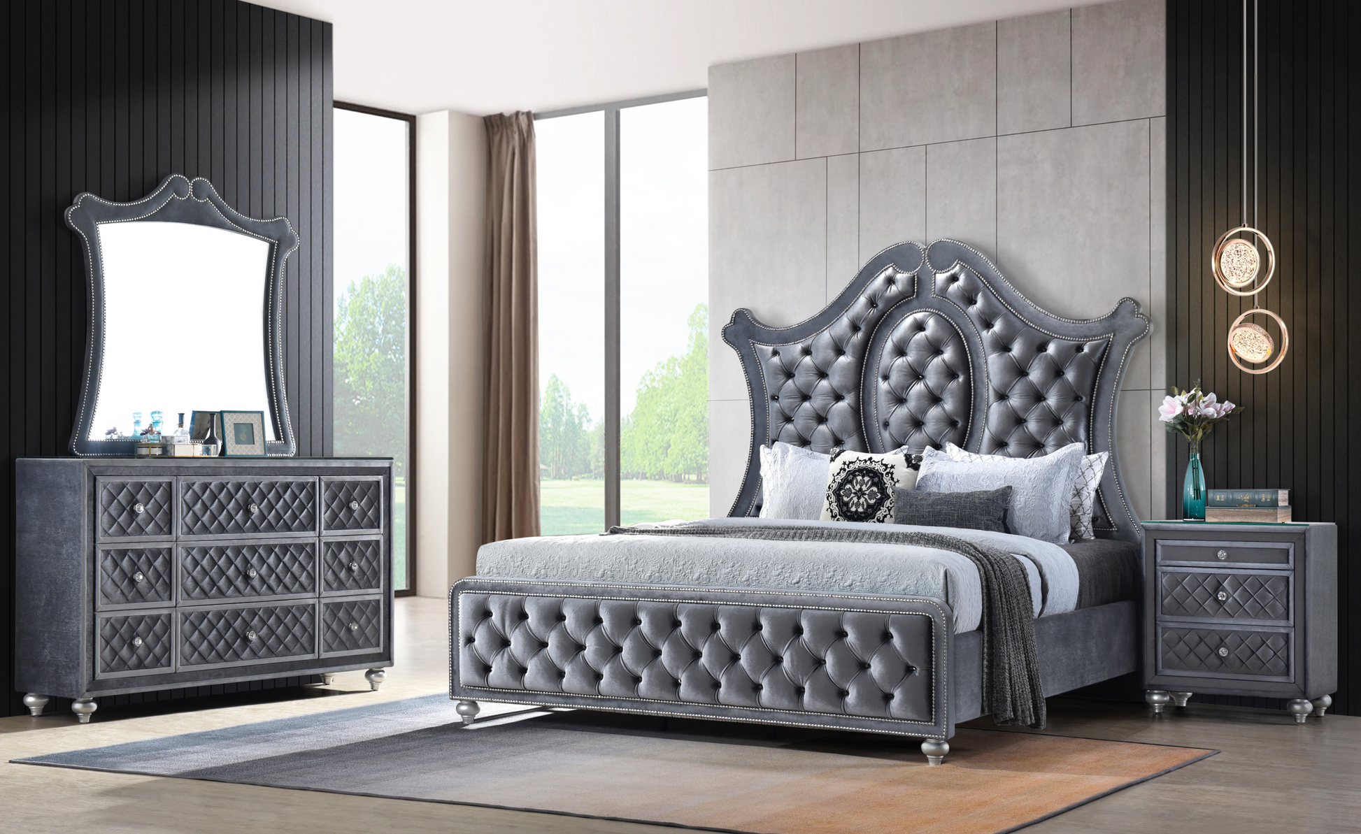 Cameo Gray Upholstered Panel Bedroom Set - SET | B2100-Q-HB | B2100-Q-FB | B2100-KQ-RAIL | B2100-KQ-HBLEG | B2100-2 | B2100-4 - Luna Furniture - Dallas Store