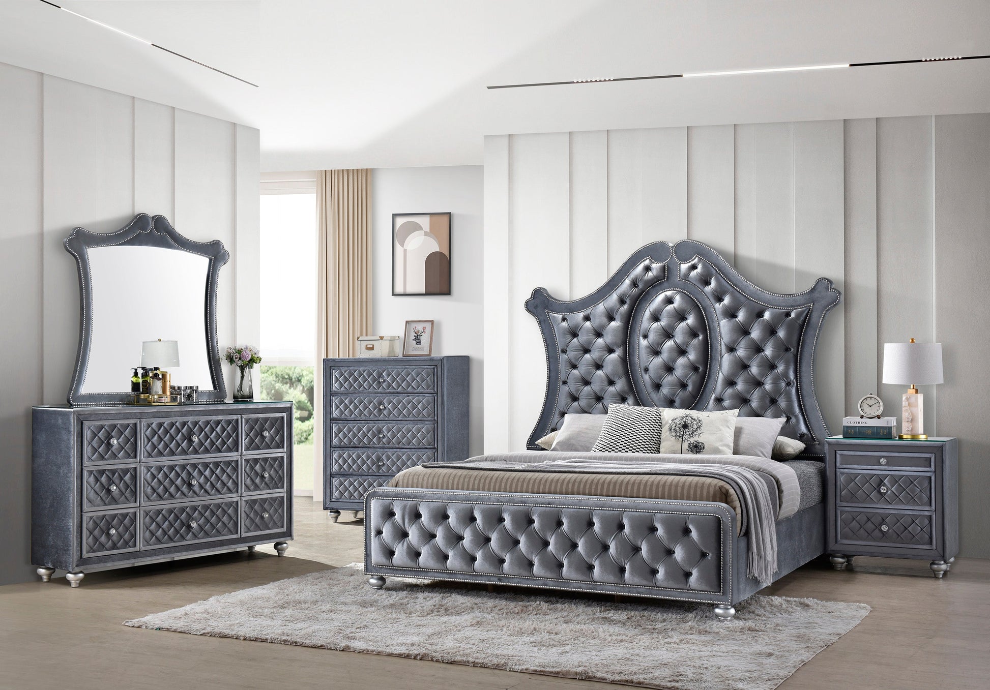 Cameo Gray Upholstered Panel Bedroom Set - SET | B2100-Q-HB | B2100-Q-FB | B2100-KQ-RAIL | B2100-KQ-HBLEG | B2100-2 | B2100-4 - Luna Furniture - Dallas Store