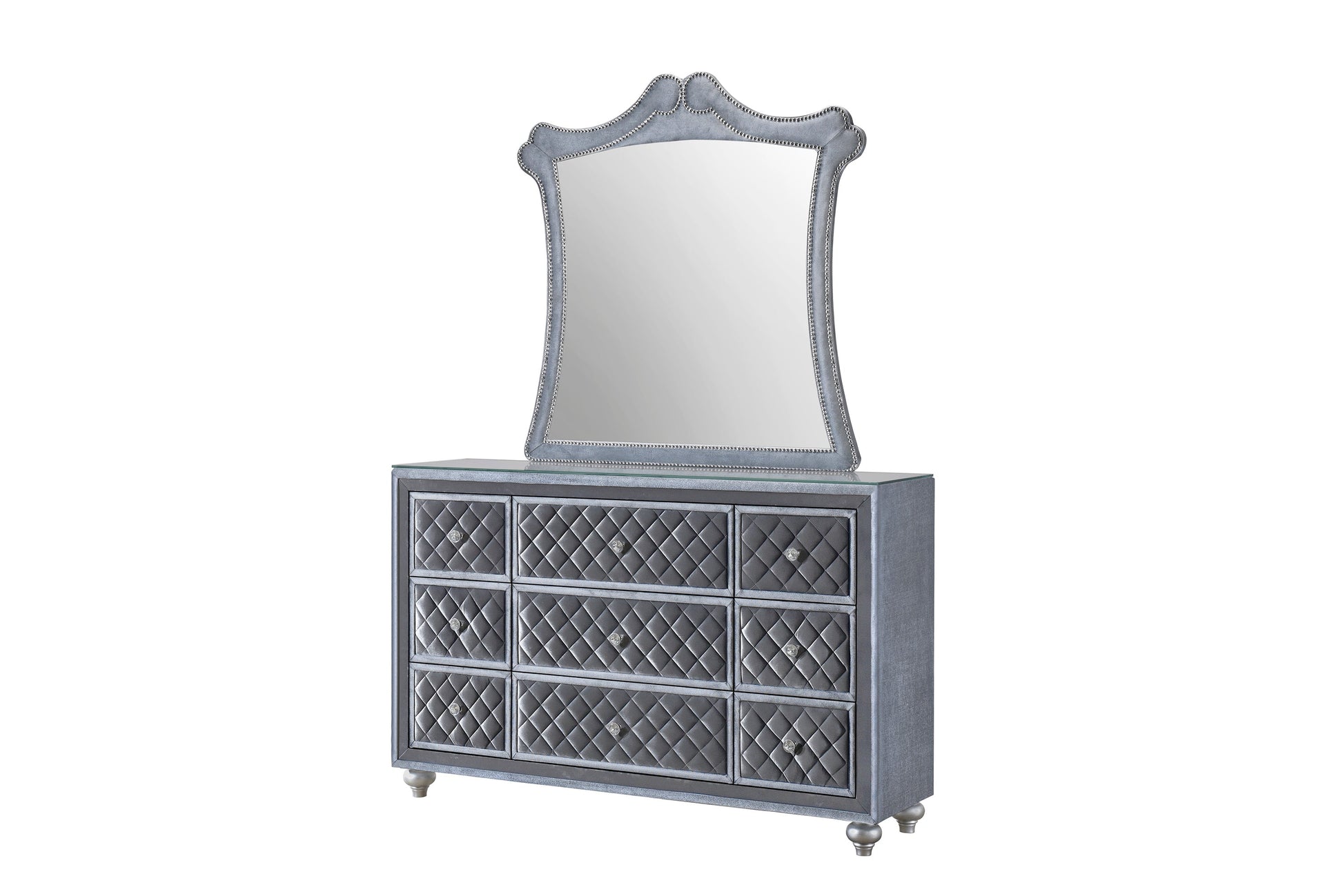 Cameo Gray Upholstered Panel Bedroom Set - SET | B2100-Q-HB | B2100-Q-FB | B2100-KQ-RAIL | B2100-KQ-HBLEG | B2100-2 | B2100-4 - Luna Furniture - Dallas Store