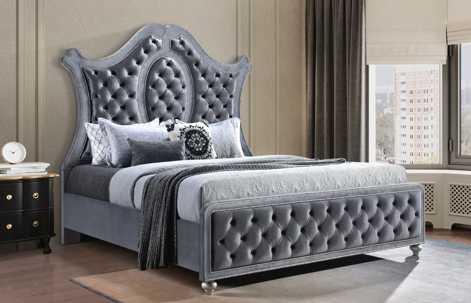 Cameo Gray Upholstered Panel Bedroom Set - SET | B2100-Q-HB | B2100-Q-FB | B2100-KQ-RAIL | B2100-KQ-HBLEG | B2100-2 | B2100-4 - Luna Furniture - Dallas Store