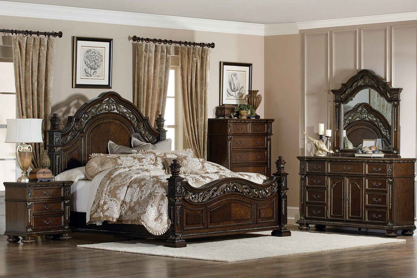 Catalonia Cherry Poster Bedroom Set - SET | 1824K-1 | 1824K-2 | 1824-3 | 1824-1P | 1824-2P | 1824-5 | 1824-6 | 1824-4 | 1824-9 - Luna Furniture - Dallas Store