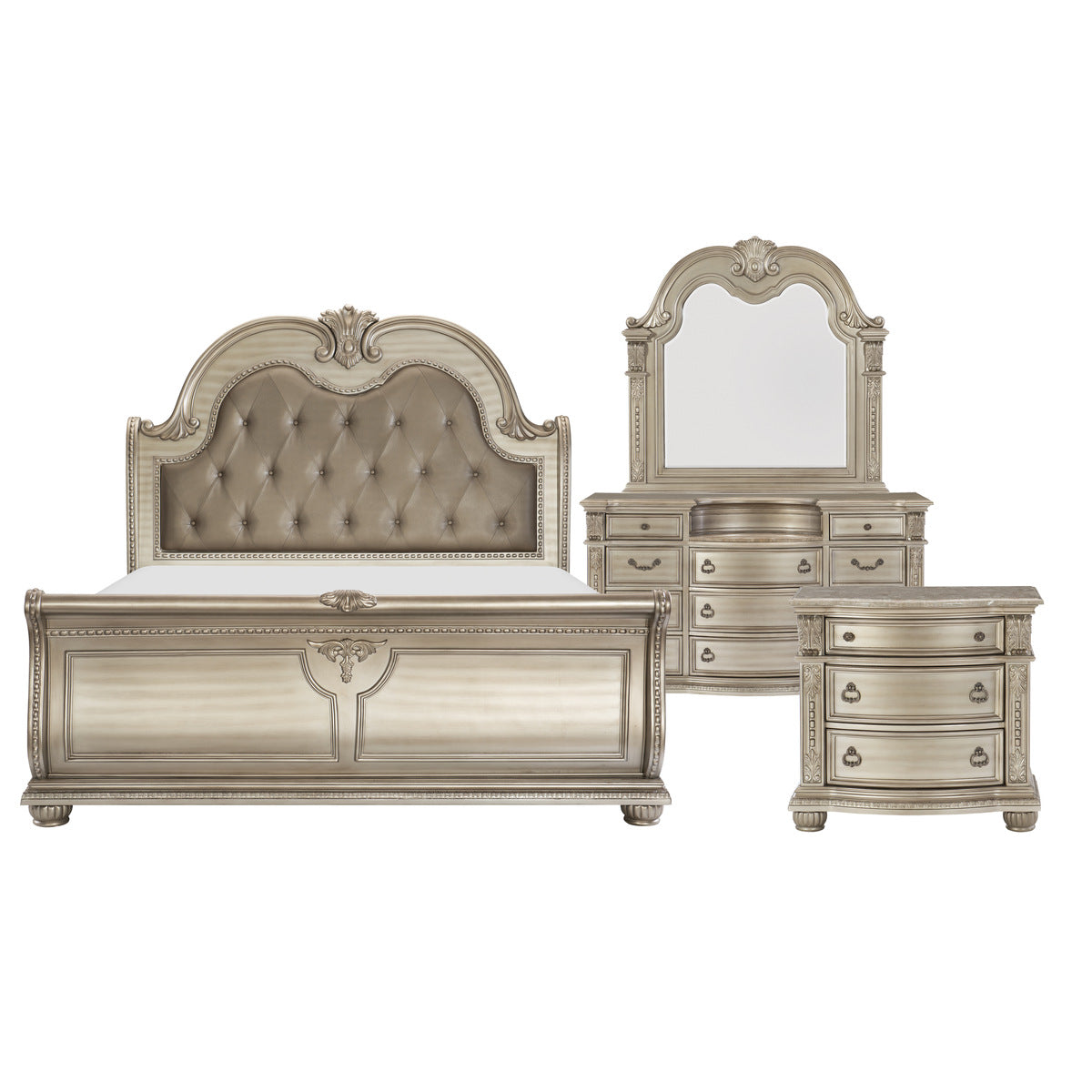 Cavalier Silver Upholstered Sleigh Bedroom Set - SET | 1757SVK-1 | 1757SVK-2 | 1757SV-3 | 1757SV-1P | 1757SV-5 | 1757SV-6 | 1757SV-4 - Luna Furniture - Dallas Store