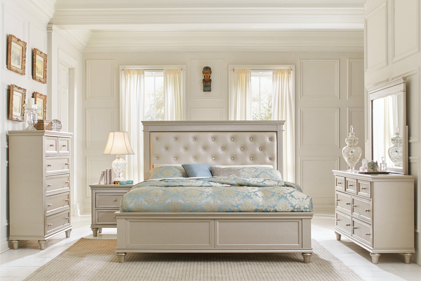 Celandine Silver Upholstered Panel Bedroom Set - SET | 1928-3 | 1928-5 | 1928-6 | 1928-4 | 1928-9 | 1928K-1 | 1928K-2 - Luna Furniture - Dallas Store