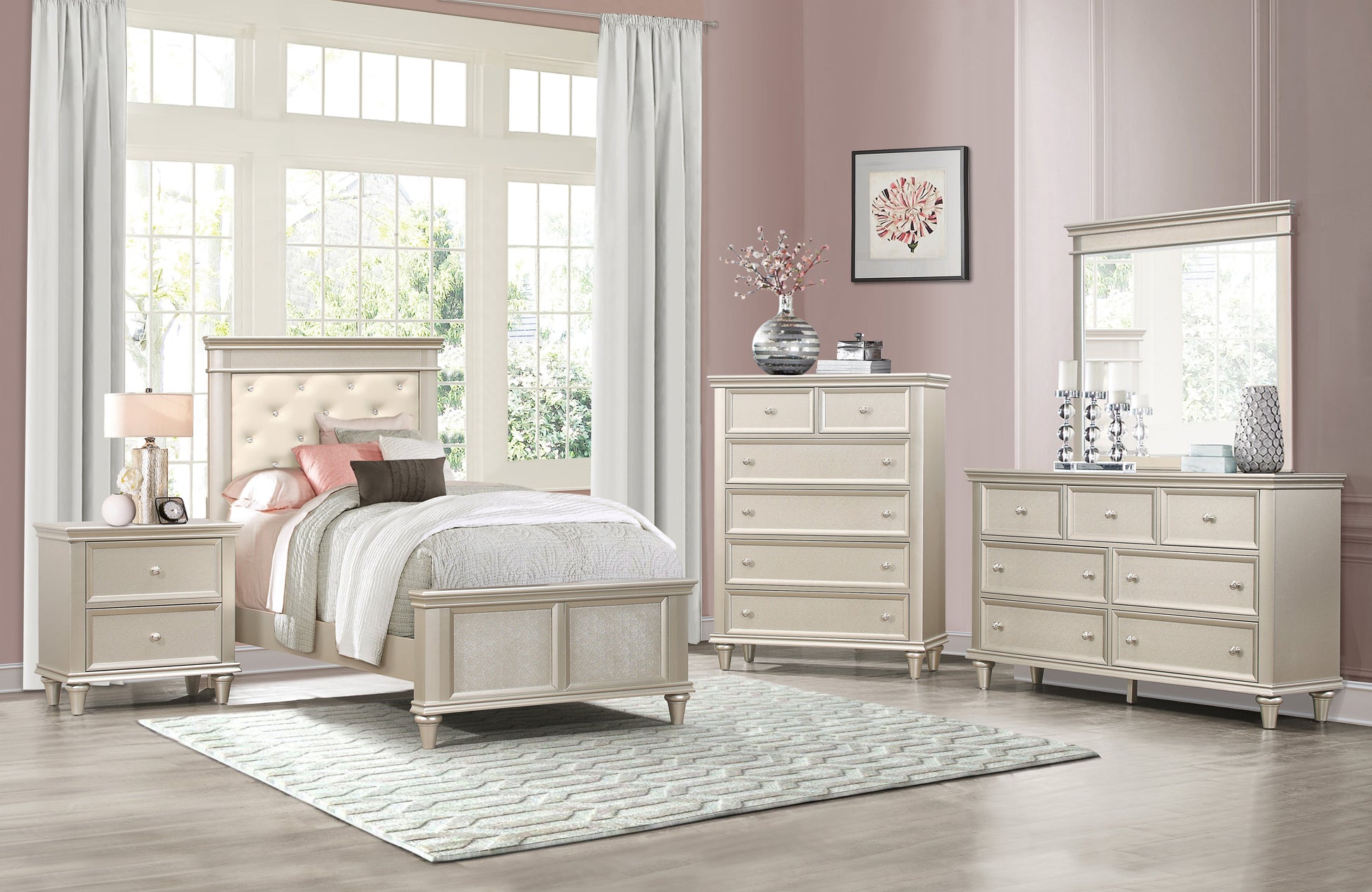 Celandine Silver Upholstered Panel Youth Bedroom Set - SET | 1928-5 | 1928-6 | 1928-4 | 1928-9 | 1928F-1 | 1928F-2 | 1928F-3 - Luna Furniture - Dallas Store
