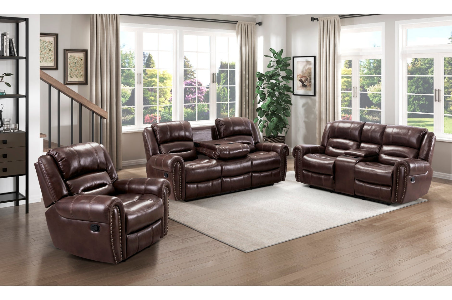 Center Hill Brown Bonded Leather Reclining Living Room Set - SET | 9668NBR-3 | 9668NBR-2 | 9668NBR-1 - Luna Furniture - Dallas Store