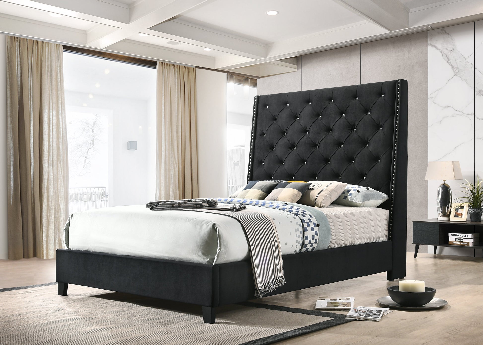 Chantilly Black Velvet King Upholstered Bed - SET | 5265BK-K-HB | 5265BK-K-FRW - Luna Furniture - Dallas Store