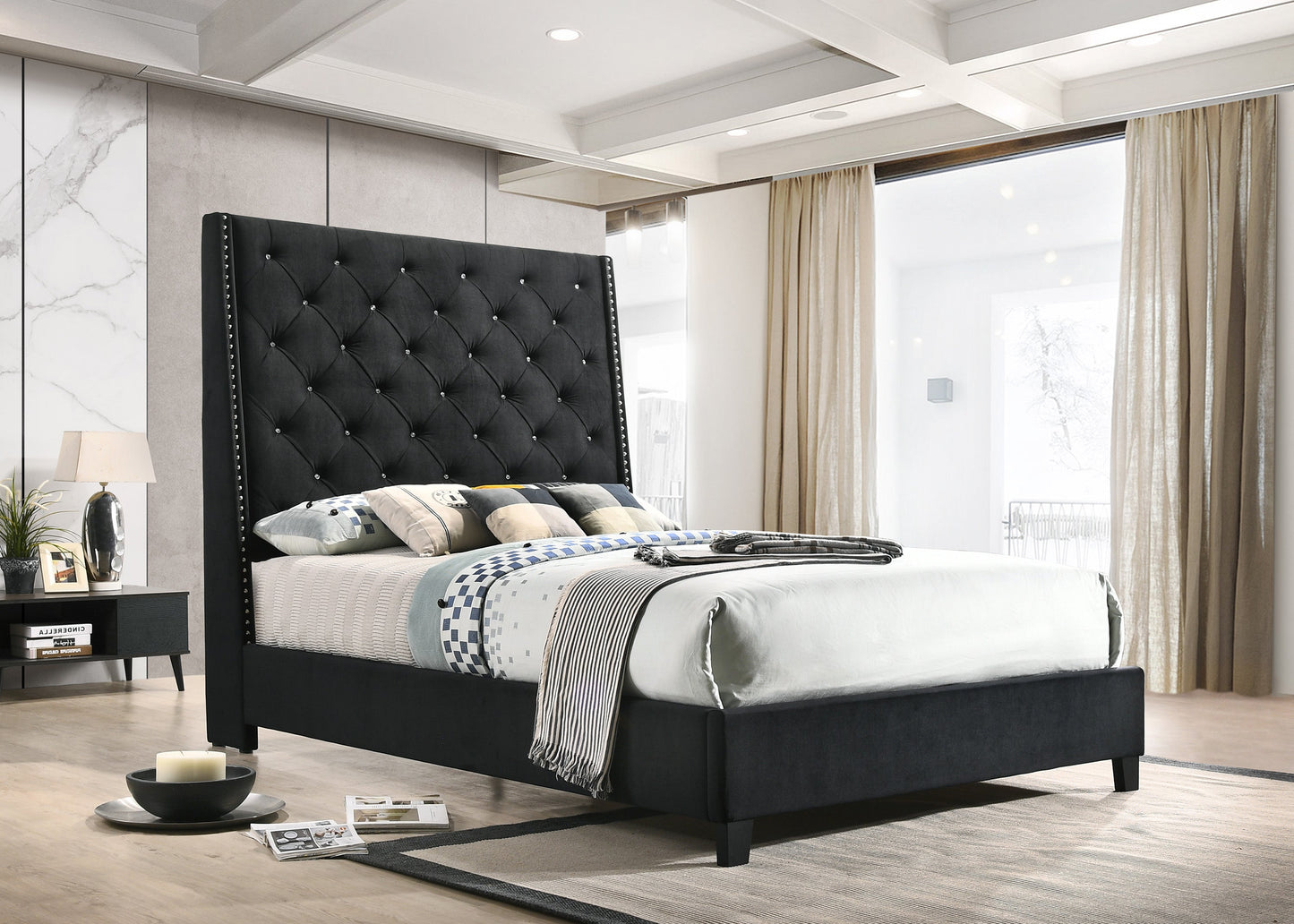 Chantilly Black Velvet Queen Upholstered Bed - SET | 5265BK-Q-HB | 5265BK-Q-FRW - Luna Furniture - Dallas Store