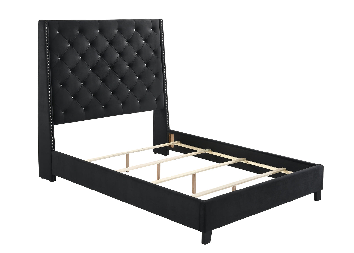Chantilly Black Velvet Queen Upholstered Bed - SET | 5265BK-Q-HB | 5265BK-Q-FRW - Luna Furniture - Dallas Store