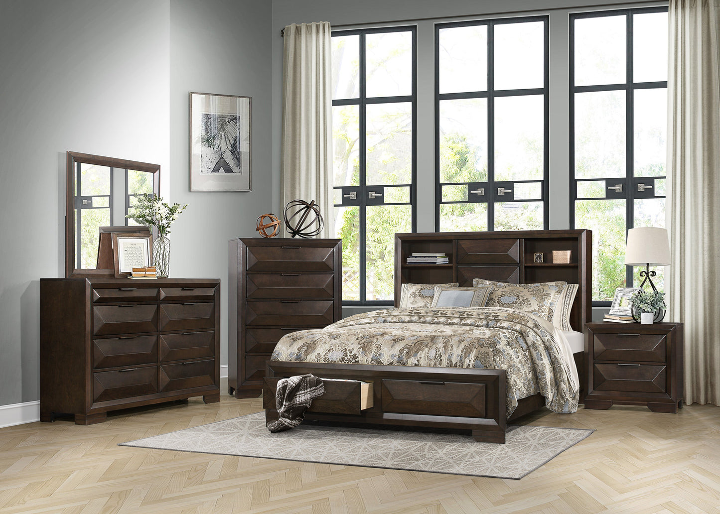Chesky Bookcase Storage Platform Bedroom Set - SET | 1753K-1 | 1753K-DW | 1753-3 | 1753-4 | 1753-5 | 1753-6 - Luna Furniture - Dallas Store