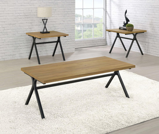 Colmar 3-Piece Trestle Occasional Table Set Golden Oak/Gunmetal - 753424 - Luna Furniture - Dallas Store