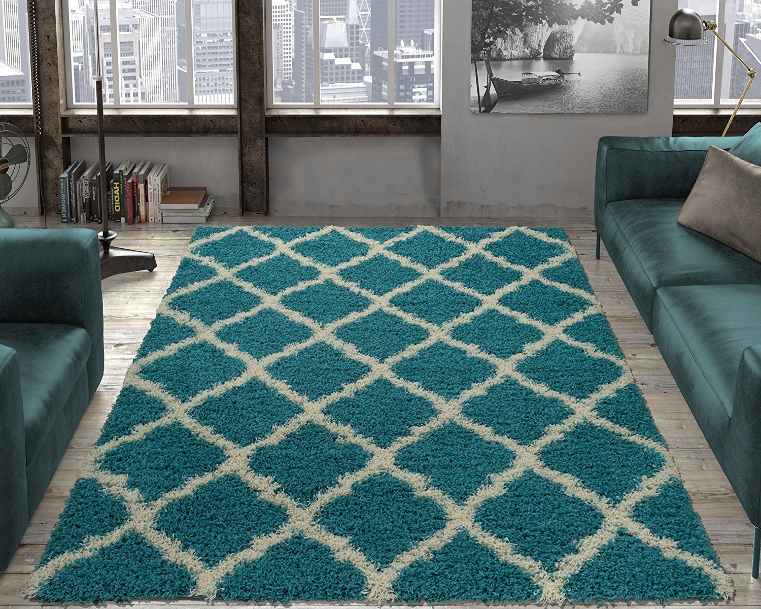 Cozy Moroccan Trellis Turquoise Shaggy Area Rug - 8X10 - SHG2276-8x10 - Luna Furniture - Dallas Store