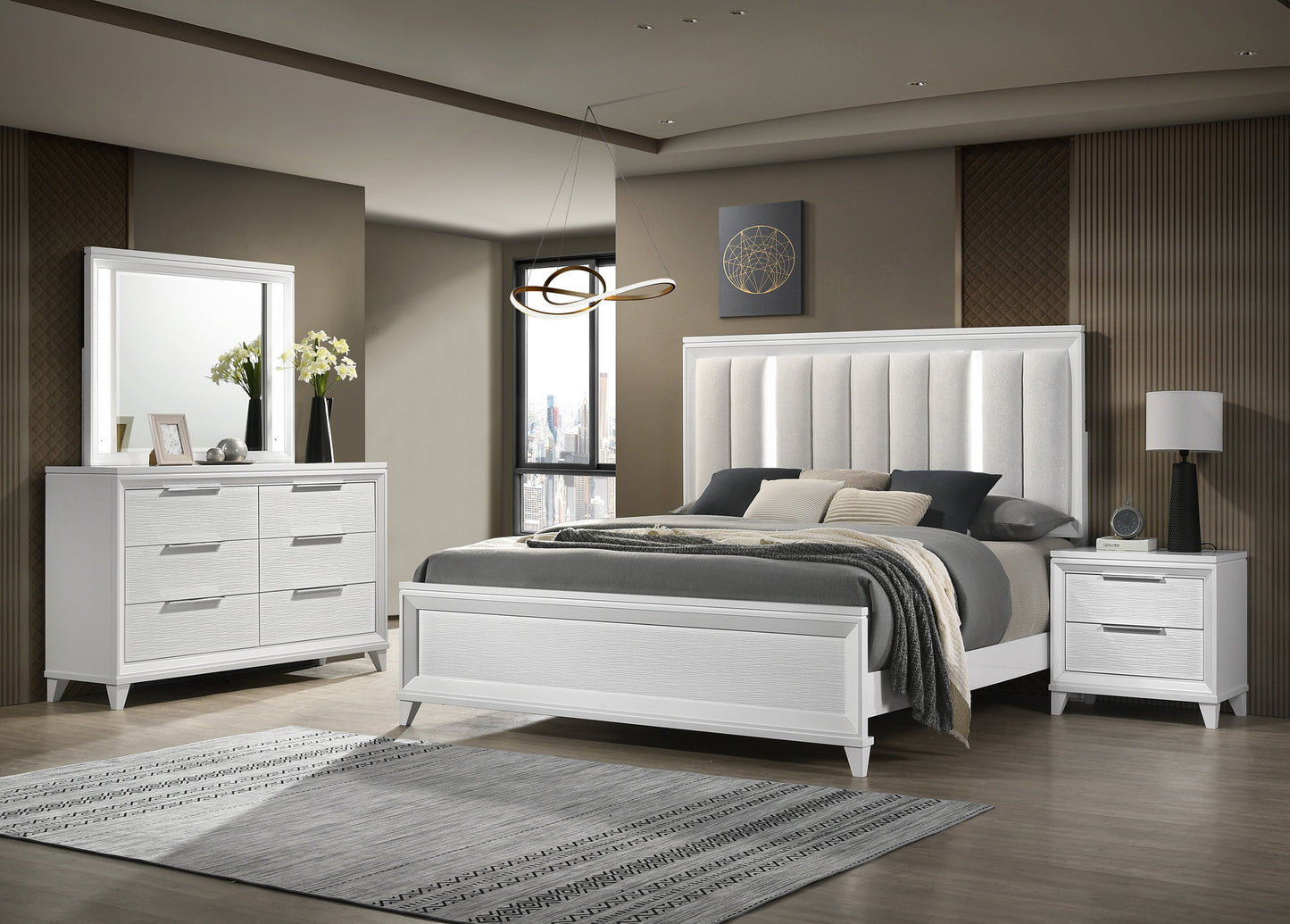 Cressida White Queen Upholstered LED Panel Bed - SET | B7300-Q-HB | B7300-Q-FB | B7300-KQ-RAIL | - Luna Furniture - Dallas Store