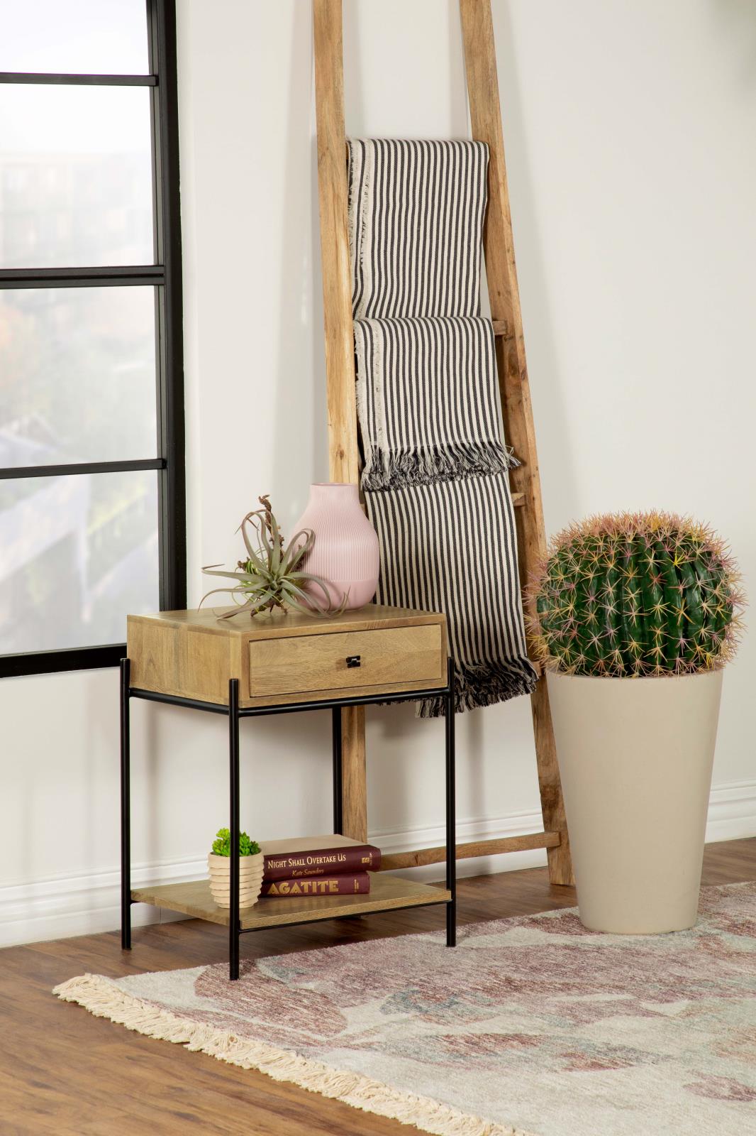 Declan Natural Mango/Black 1-Drawer Accent Table with Open Shelf - 959556 - Luna Furniture - Dallas Store
