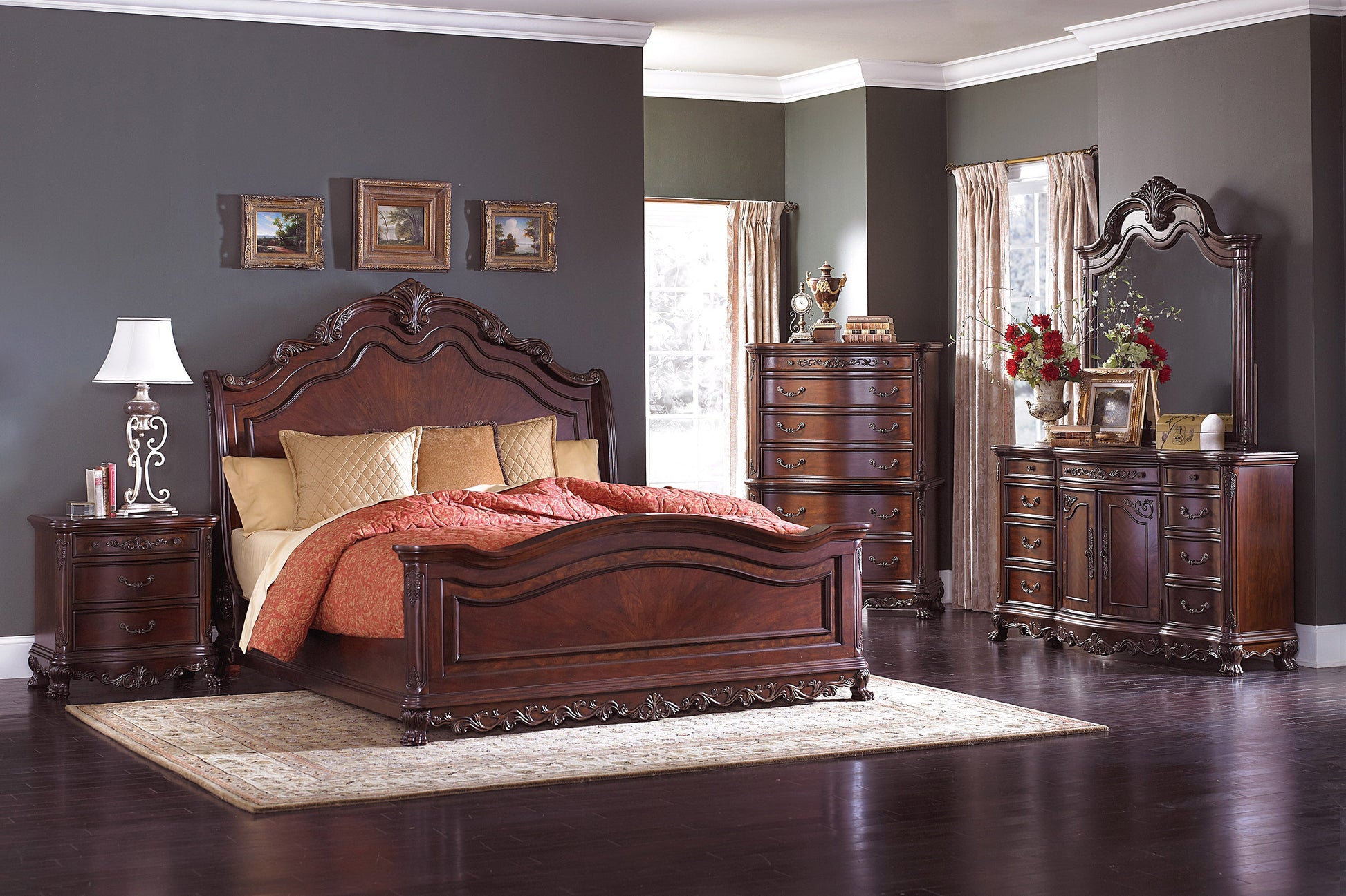 Deryn Park Cherry Sleigh Bedroom Set - SET | 2243SLK-1 | 2243SLK-2 | 2243SLK-3EK | 2243-5 | 2243-6 | 2243-4 | 2243-9 - Luna Furniture - Dallas Store