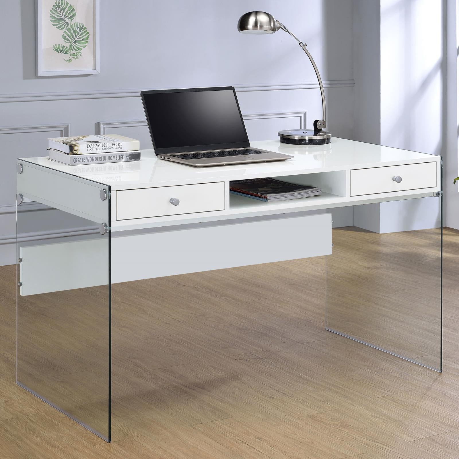Dobrev Glossy White/Clear 2-Drawer Writing Desk - 800829 - Luna Furniture - Dallas Store