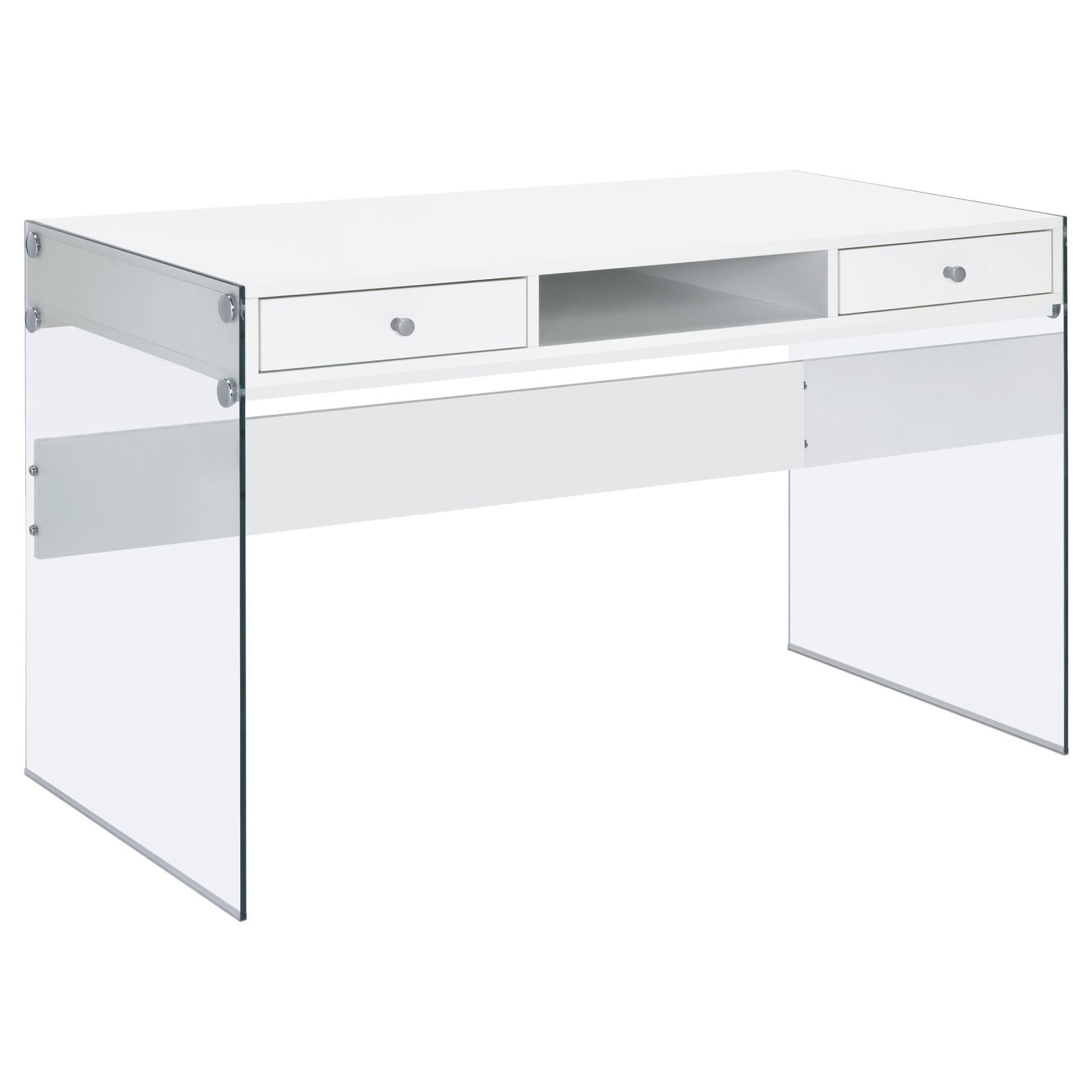 Dobrev Glossy White/Clear 2-Drawer Writing Desk - 800829 - Luna Furniture - Dallas Store