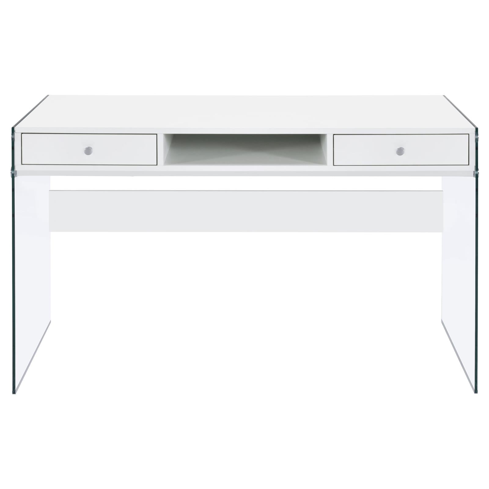 Dobrev Glossy White/Clear 2-Drawer Writing Desk - 800829 - Luna Furniture - Dallas Store