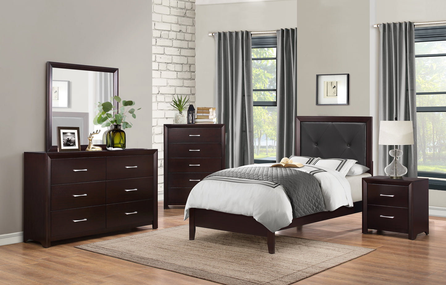 Edina Espresso Twin Upholstered Panel Bed - SET | 2145T-1 | 2145T-2 | 2145T-3 - Luna Furniture - Dallas Store