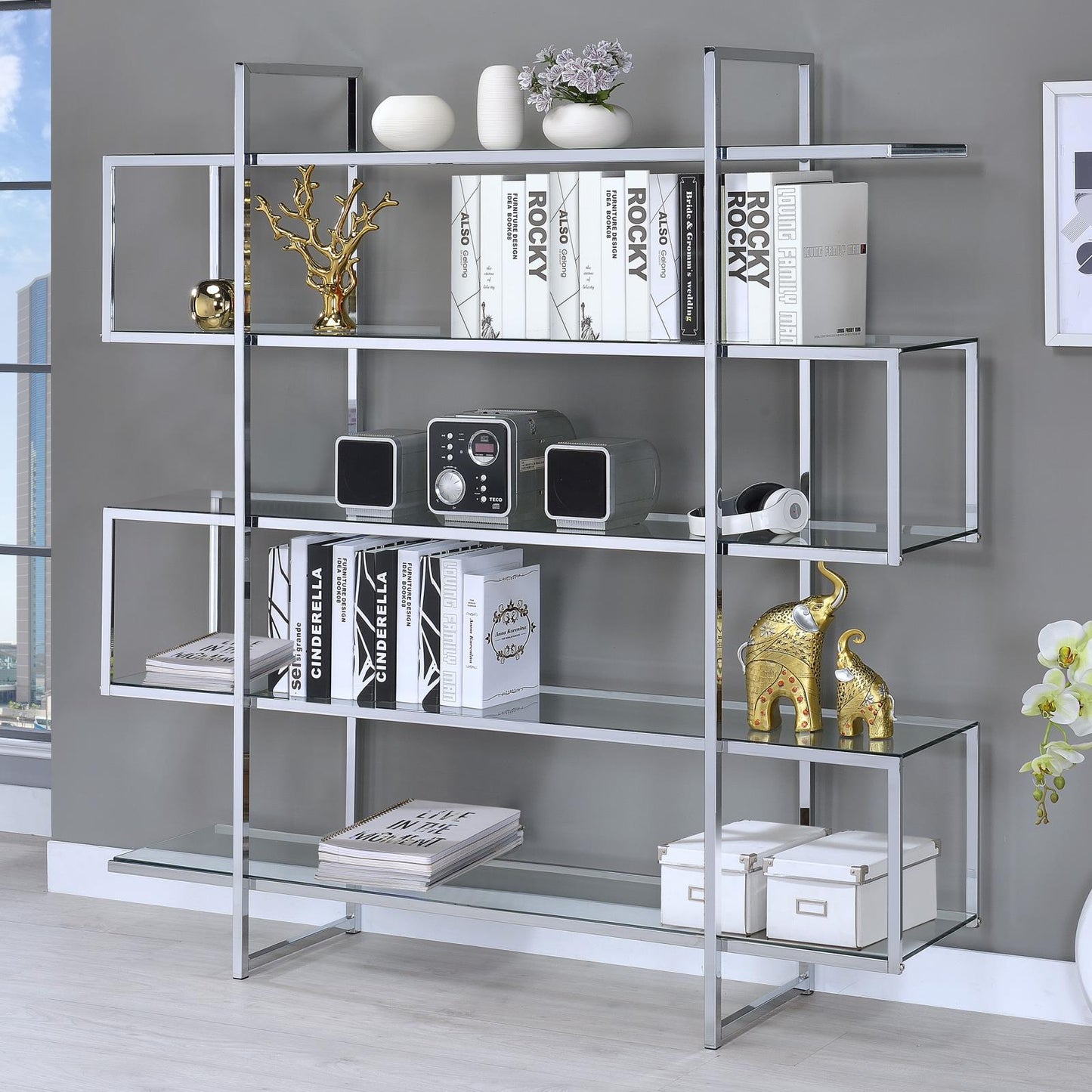 Elmer Clear/Chrome 5-Shelf Bookcase - 801304 - Luna Furniture - Dallas Store