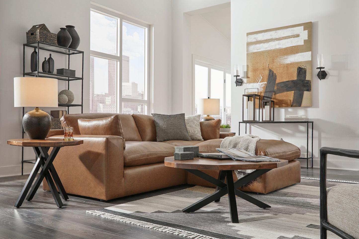 Emilia Caramel Leather 3-Piece Sectional with Ottoman - SET | 3090164 | 3090165 | 3090108 - Luna Furniture - Dallas Store