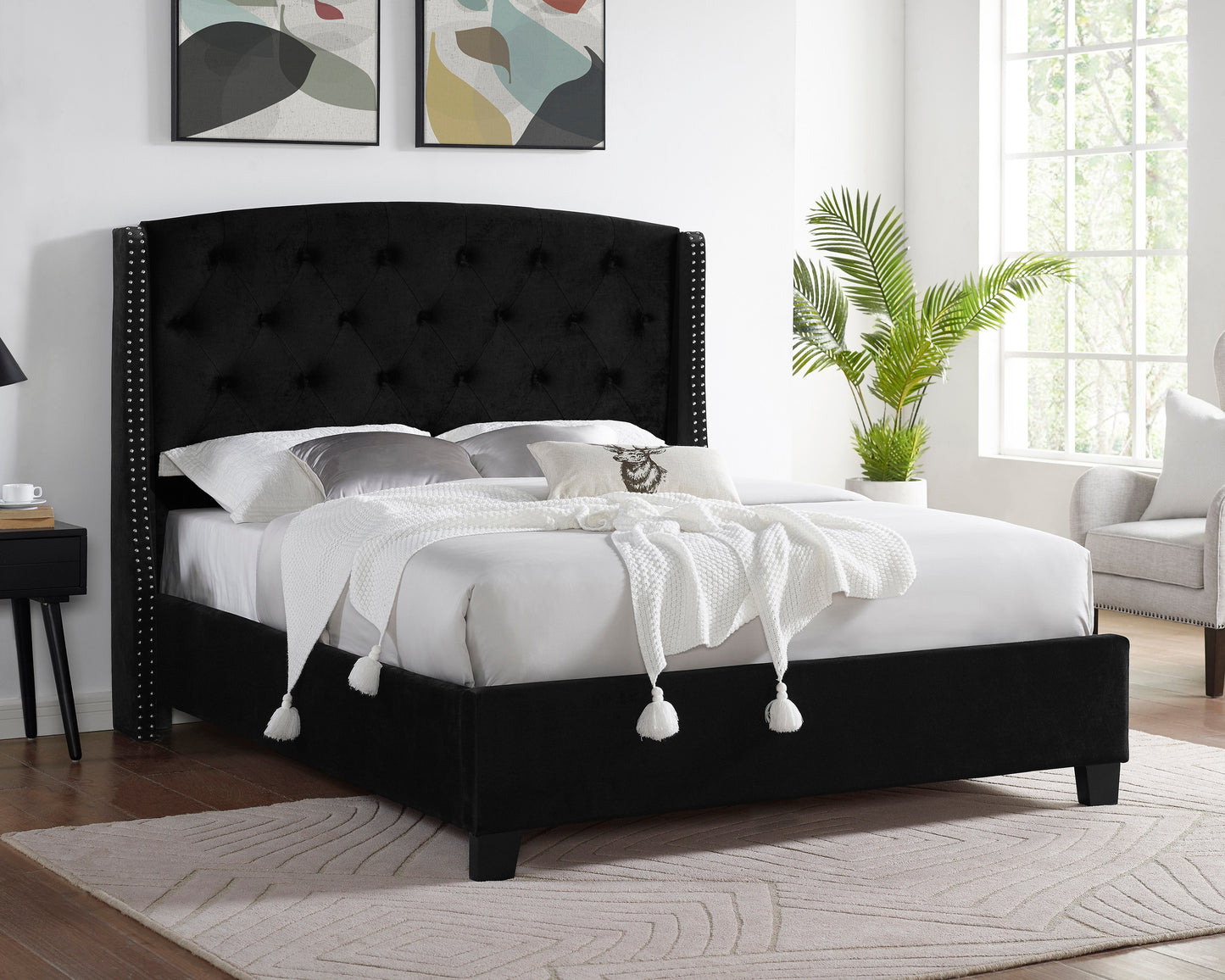 Eva Black Velvet King Upholstered Bed - SET | 5111BK-K-HBFB | 5111BK-KQ-RAIL - Luna Furniture - Dallas Store