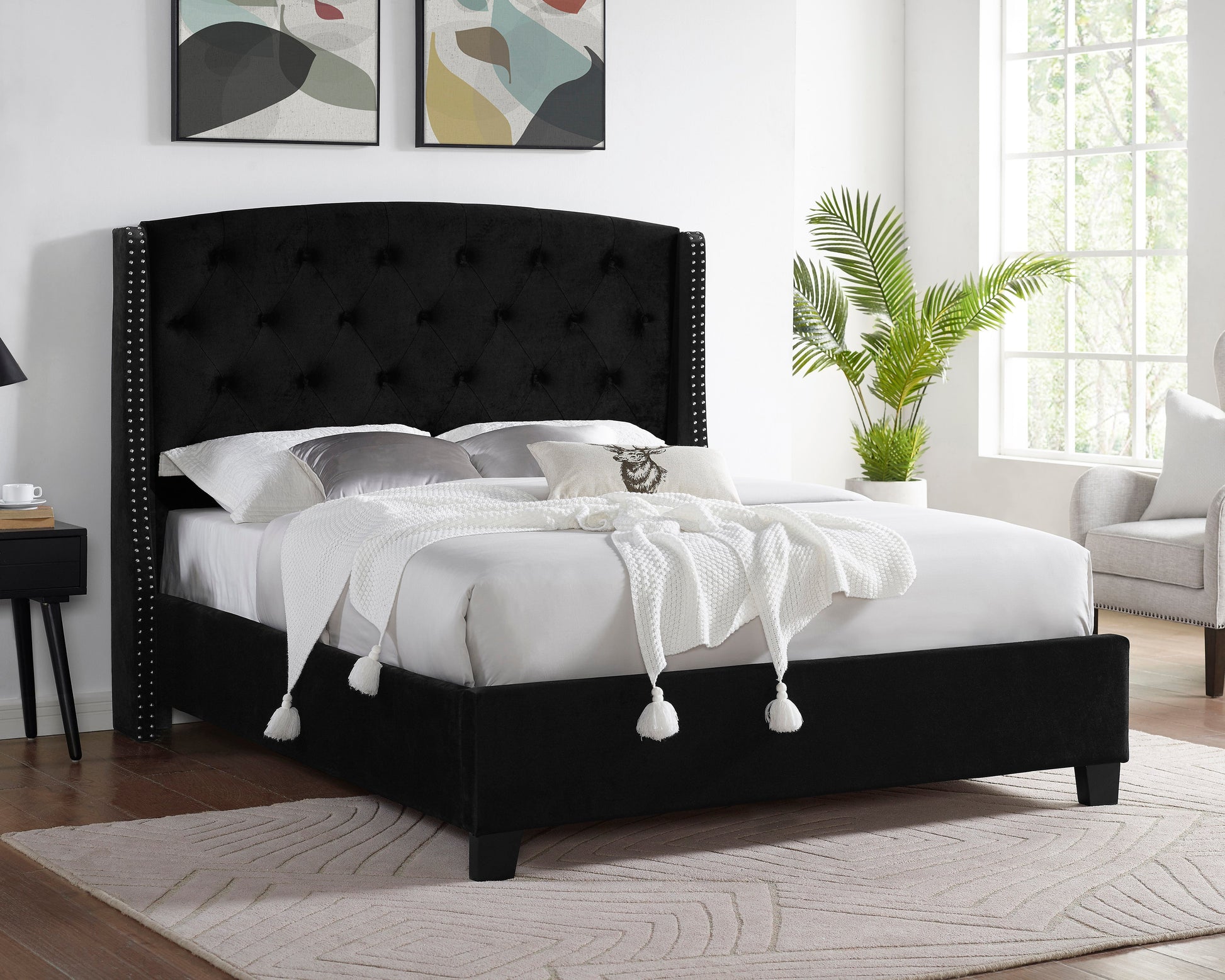 Eva Black Velvet Queen Upholstered Bed - SET | 5111BK-Q-HBFB | 5111BK-KQ-RAIL - Luna Furniture - Dallas Store