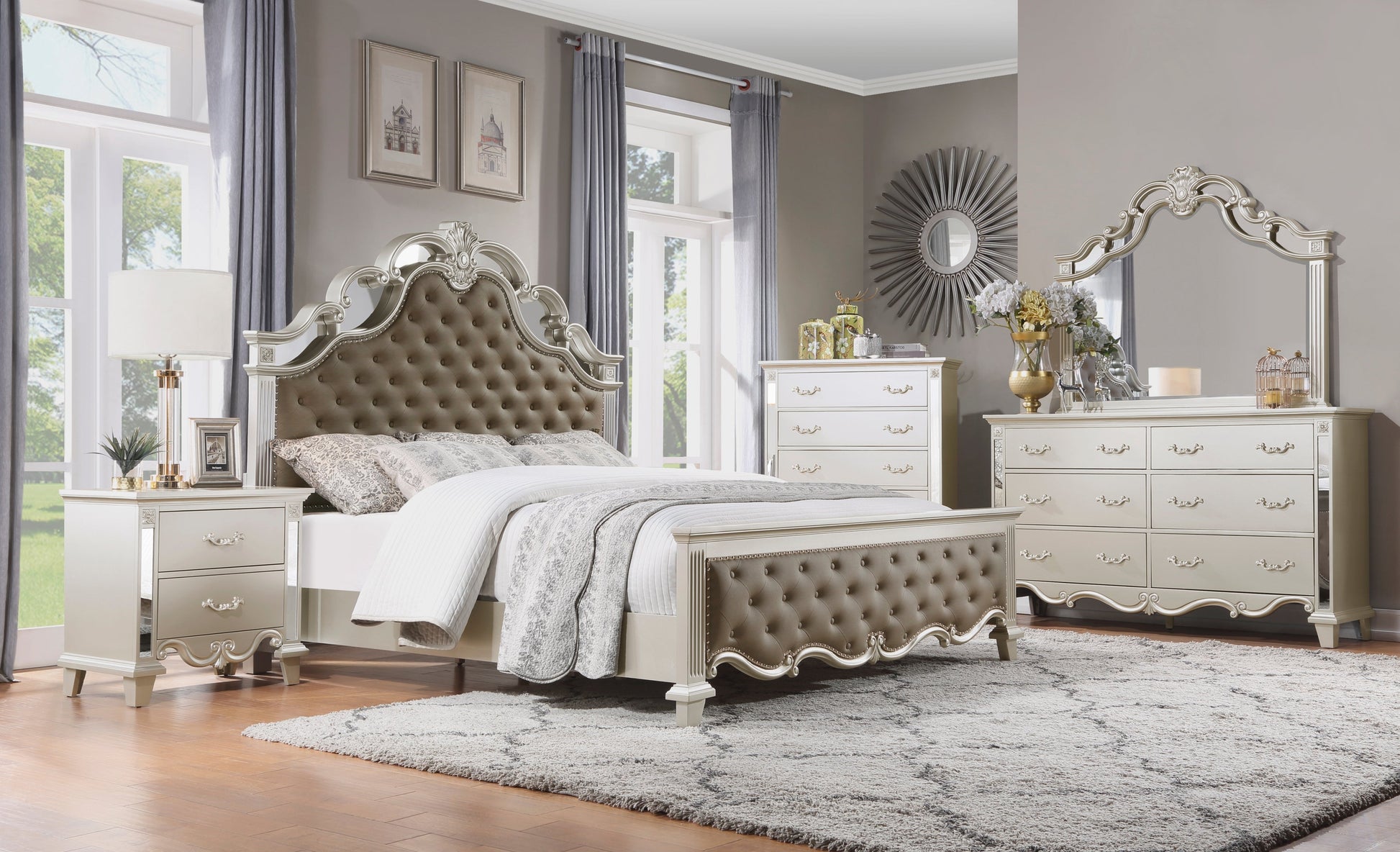 Ever Champagne King Mirrored Upholstered Panel Bed - SET | 1429K-1 | 1429K-2 | 1429-3 - Luna Furniture - Dallas Store