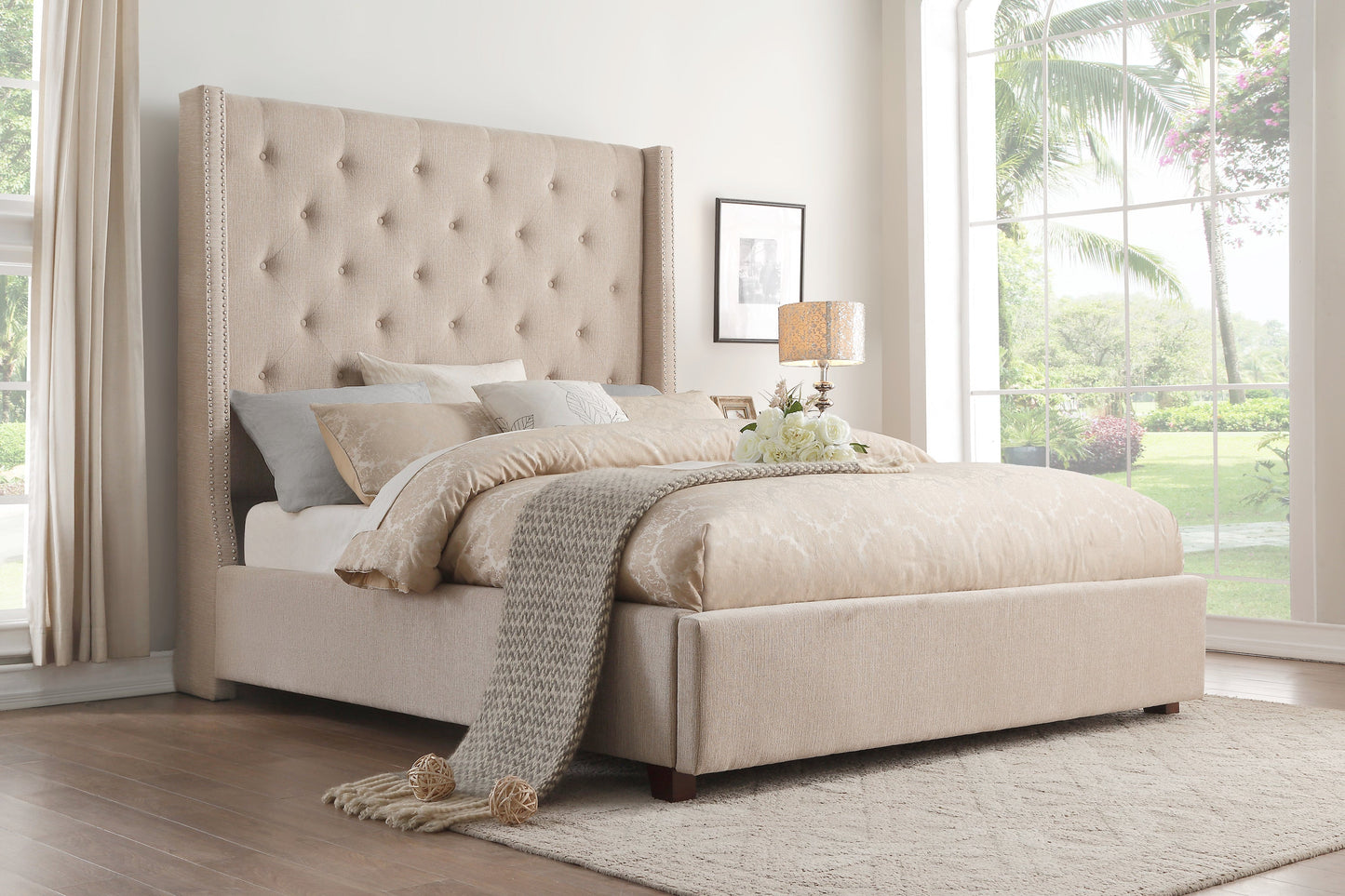 Fairborn Beige Queen Upholstered Platform Bed - SET | 5877BE-1 | 5877BE-3 - Luna Furniture - Dallas Store