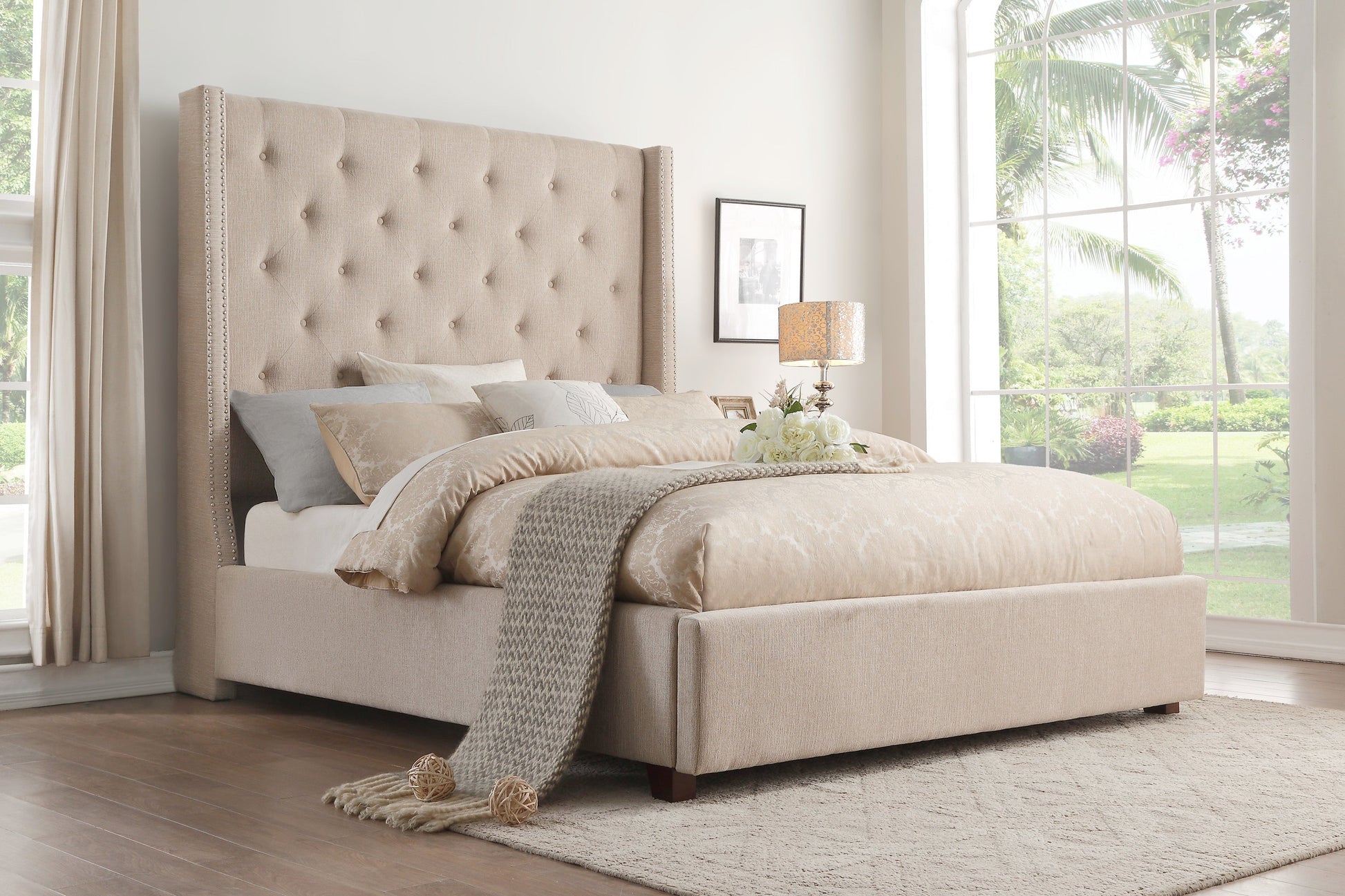 Fairborn Beige Queen Upholstered Platform Bed - SET | 5877BE-1 | 5877BE-3 - Luna Furniture - Dallas Store
