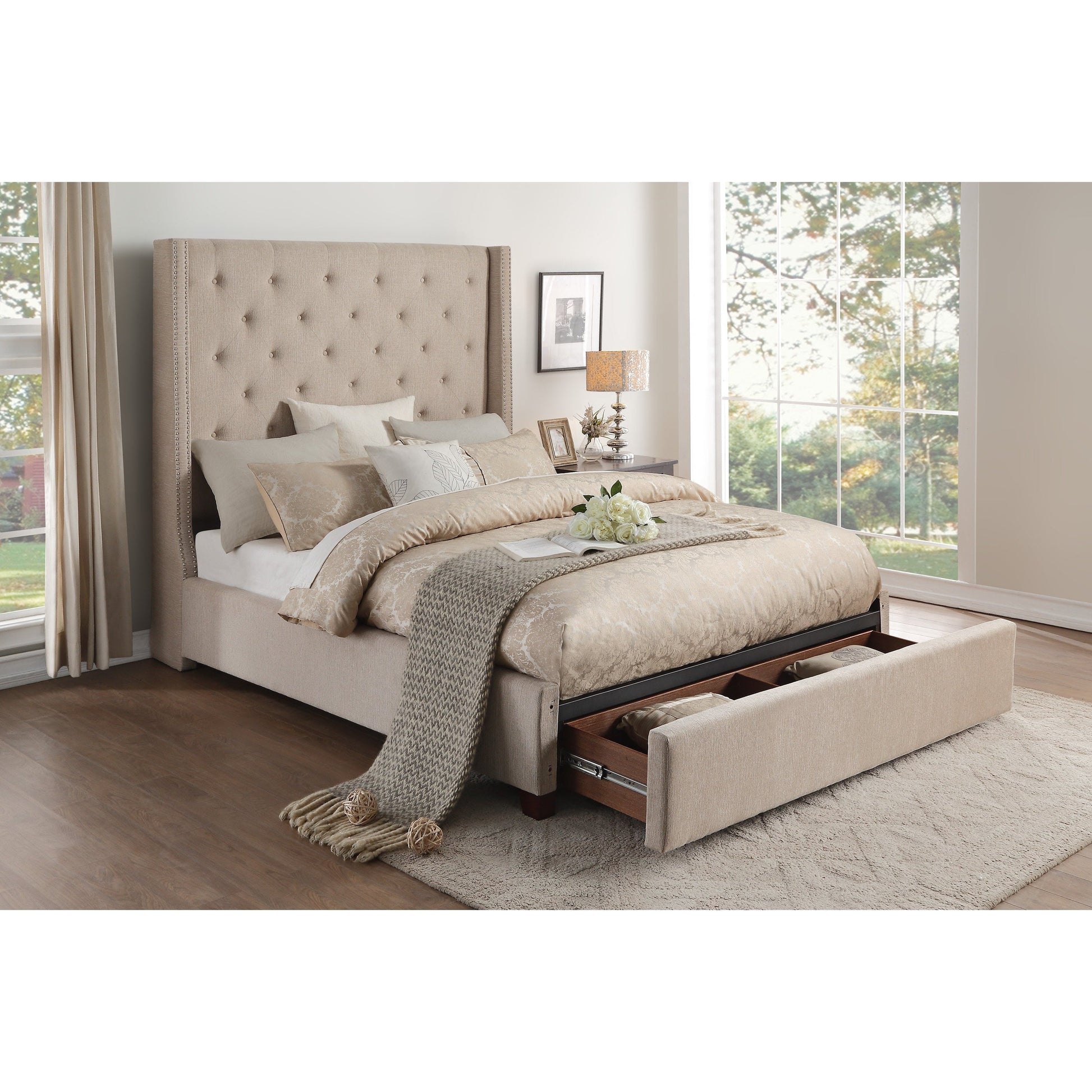 Fairborn Beige Queen Upholstered Storage Platform Bed - SET | 5877BE-1 | 5877BE-3 | 5877-2DW - Luna Furniture - Dallas Store