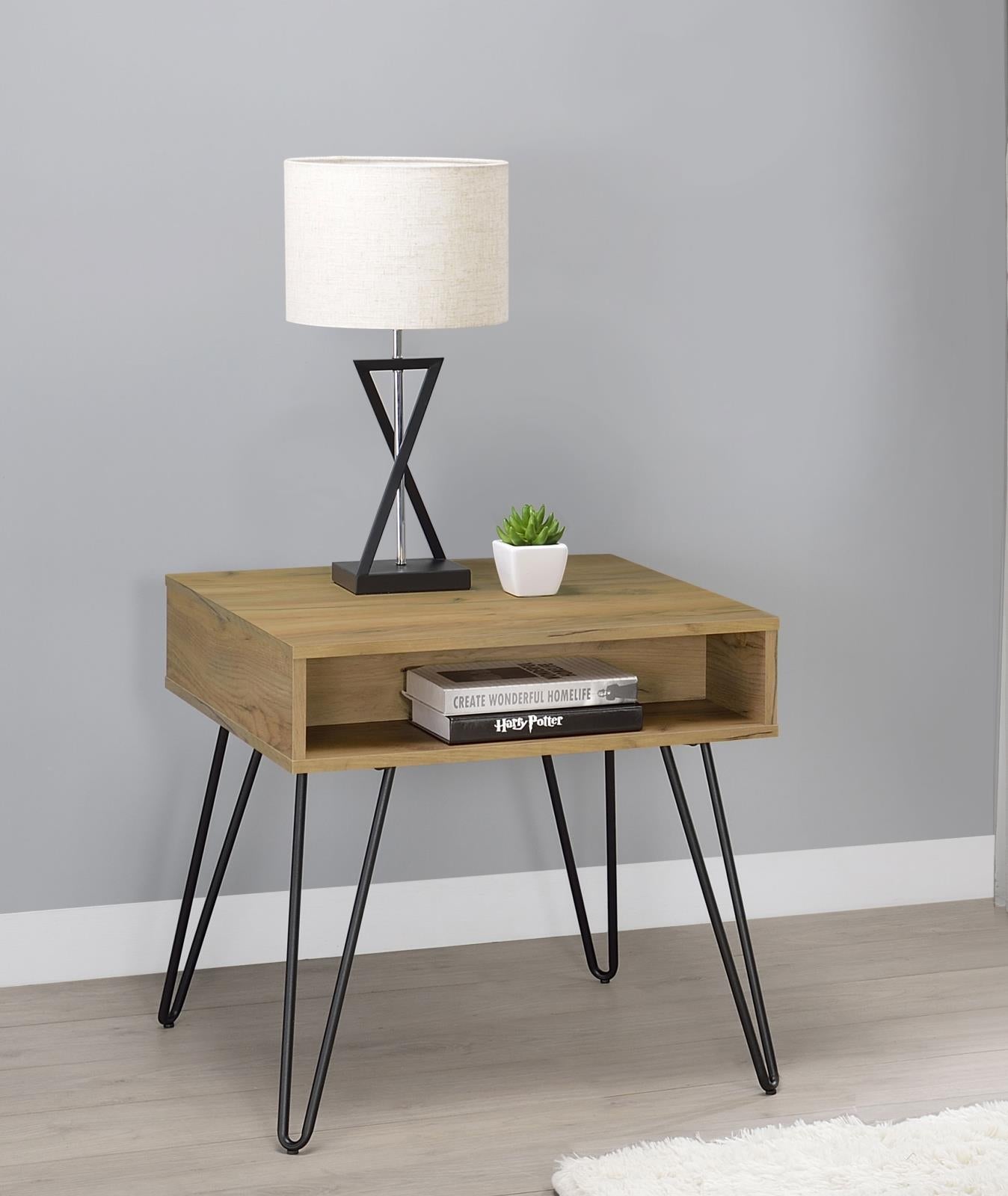 Fanning Square End Table with Open Compartment Golden Oak/Black - 723367 - Luna Furniture - Dallas Store