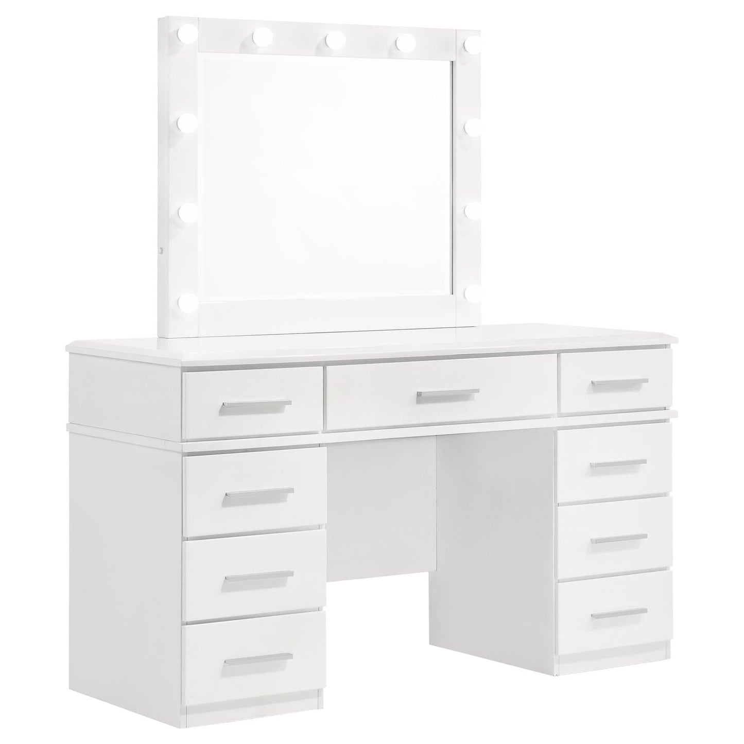 Felicity 9-Drawer Vanity Desk with Lighted Mirror Glossy White - 203507 - Luna Furniture - Dallas Store