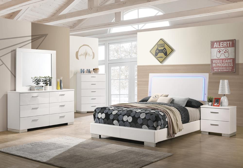 Felicity Full Panel Bed with LED Lighting Glossy White - 203500F - Luna Furniture - Dallas Store