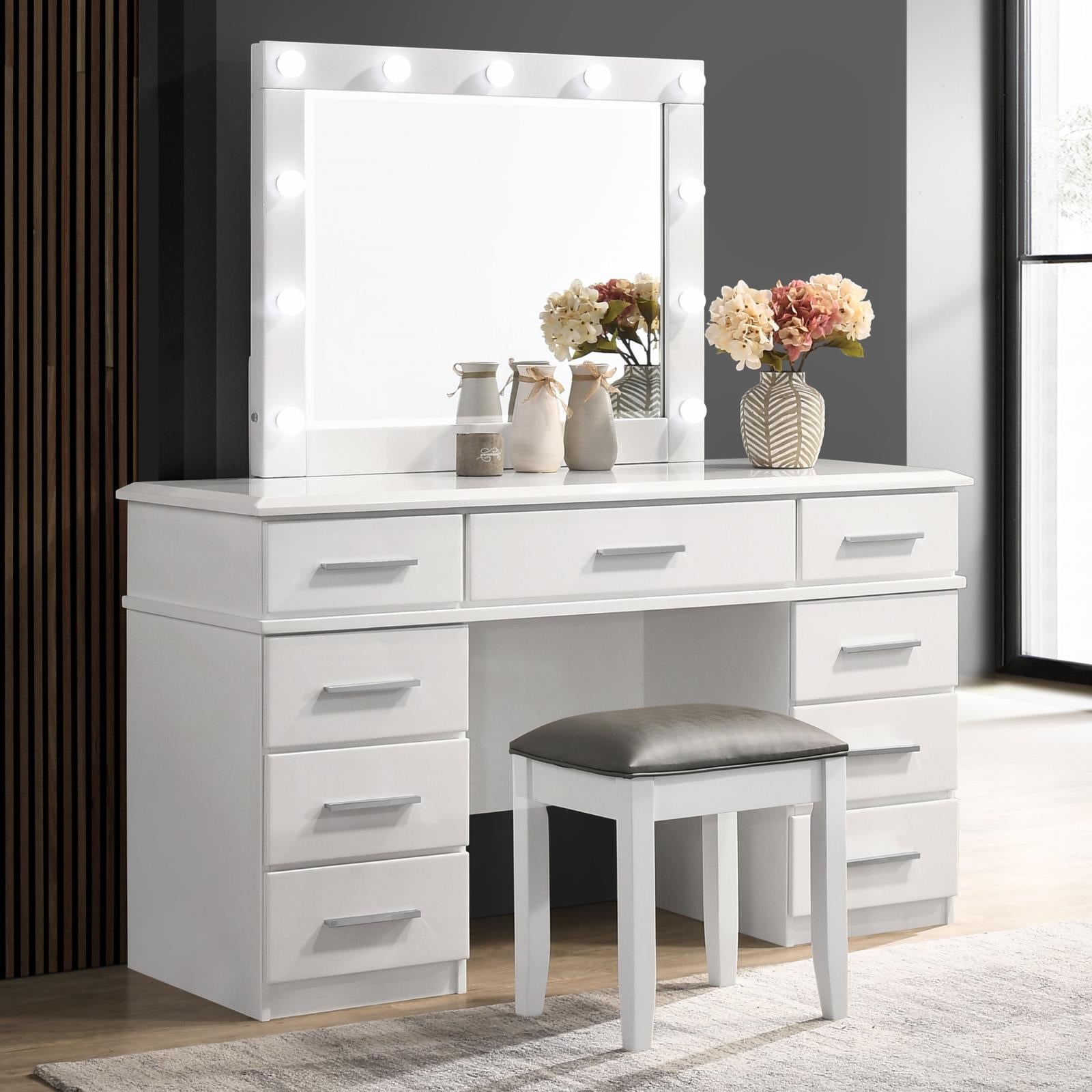 Felicity Metallic/Glossy White Upholstered Vanity Stool - 203507STL - Luna Furniture - Dallas Store