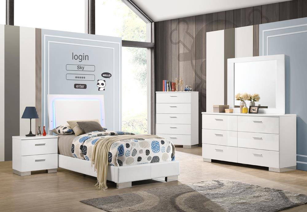 Felicity Twin Panel Bed with LED Lighting Glossy White - 203500T - Luna Furniture - Dallas Store
