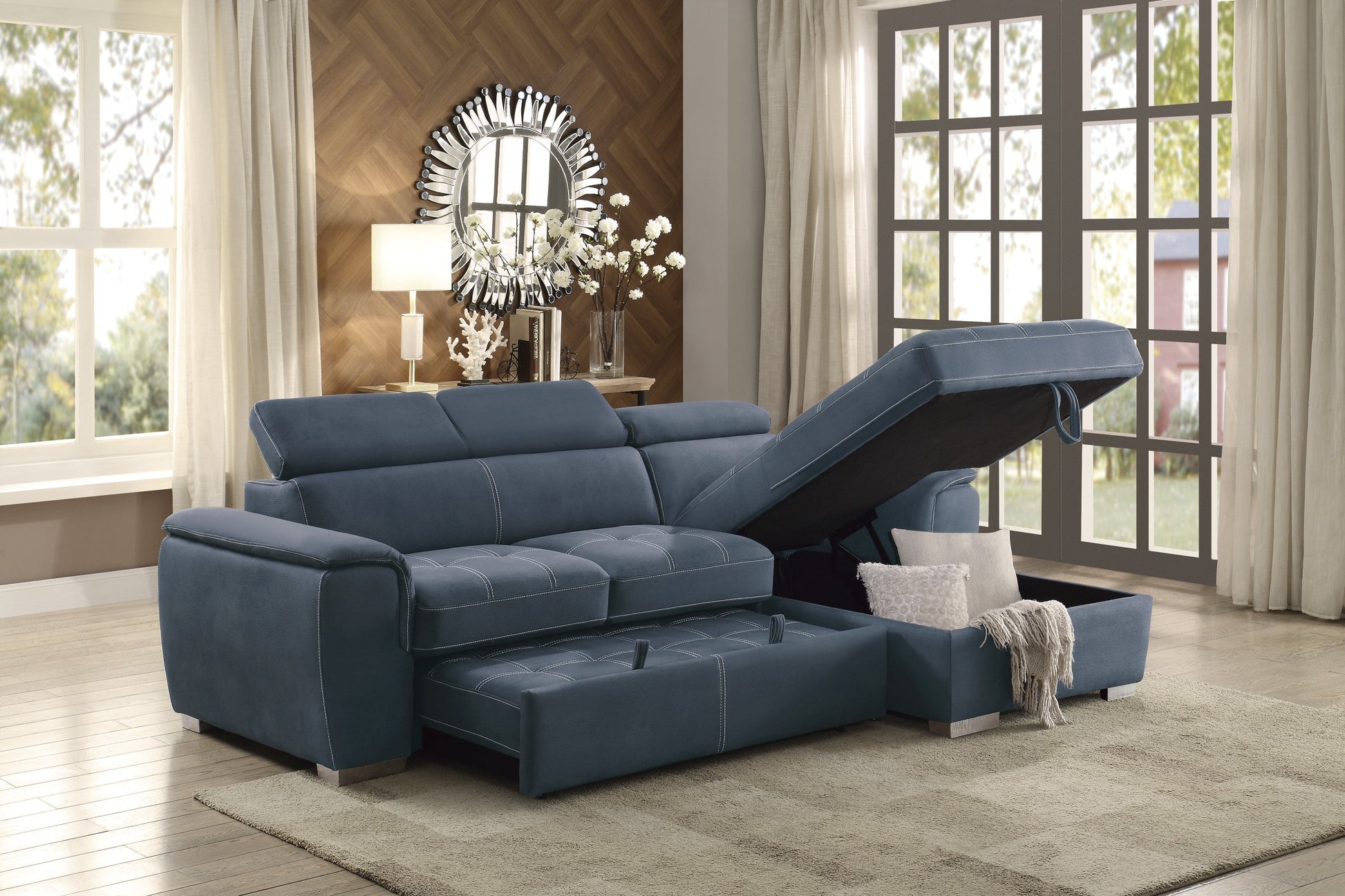 Ferriday Blue Storage Sleeper Sofa Chaise - SET | 8228BU-L | 8228BU-R - Luna Furniture - Dallas Store