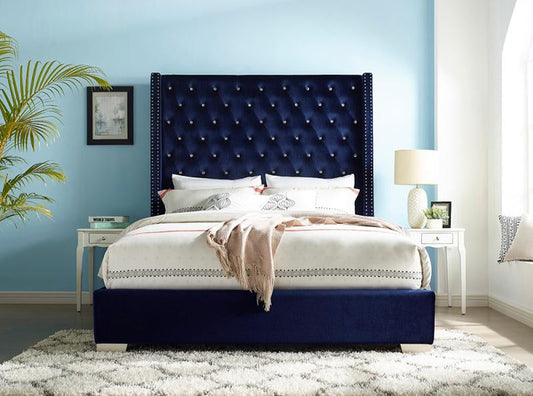 Franco Blue Velvet King Upholstered Bed - SET | SH228KBLU-1 | SH228KBLU-3 - Luna Furniture - Dallas Store