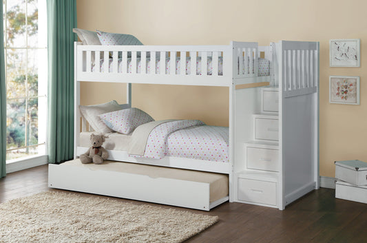 Galen White Twin/Twin Step Bunk Bed with Twin Trundle - SET | B2053SBW-1 | B2053SBW-2 | B2053SBW-3 | B2053SBW-SL | B2053W-R - Luna Furniture - Dallas Store